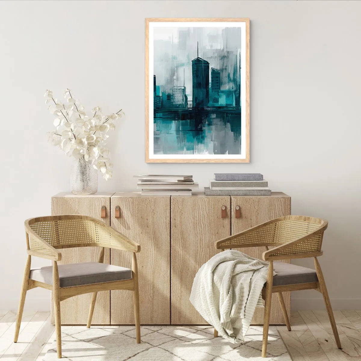 Een poster in een licht eiken lijst - Een stad in de kleur van regen - 50x70 cm