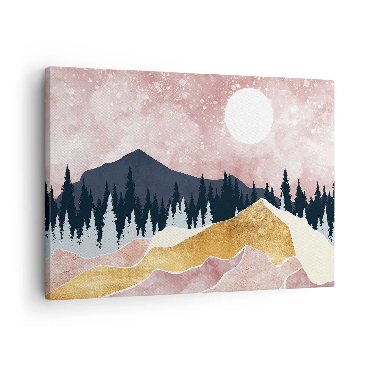 Schilderen op canvas - Kleurrijke bergen tegen een roze lucht met een maan - 70x50cm - Nachtwacht - Moderne wanddecoratie voor woonkamer en slaapkamer ARTTOR