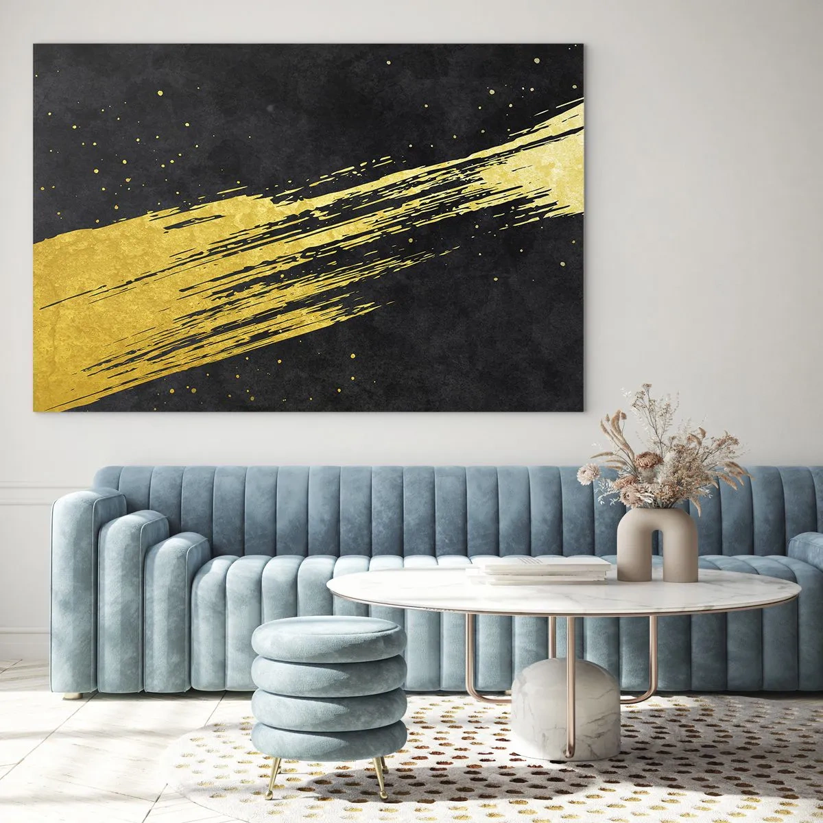 Schilderen op glas - Een gouden penseel op een zwarte achtergrond in een dynamische, abstracte vorm - 70x50cm - Spring in hyperruimte - Moderne wanddecoratie voor woonkamer en slaapkamer ARTTOR