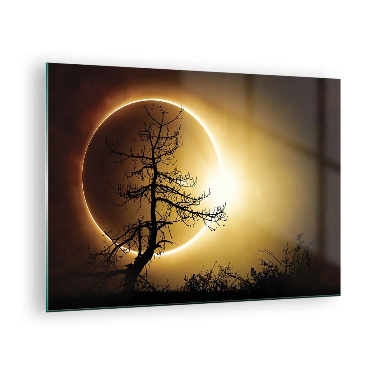Schilderen op glas - Zonsverduistering achter de boom - 70x50cm - Totale zonsverduistering - Moderne wanddecoratie voor woonkamer en slaapkamer ARTTOR