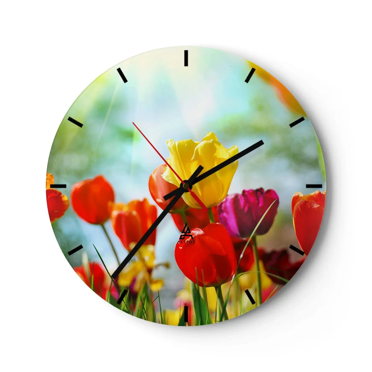 Wandklok - Klok - Kleurrijke tulpen verlicht door de zonnestralen - 30x30cm - Alle kleuren van de zon - Moderne wanddecoratie voor woonkamer, keuken en slaapkamer ARTTOR