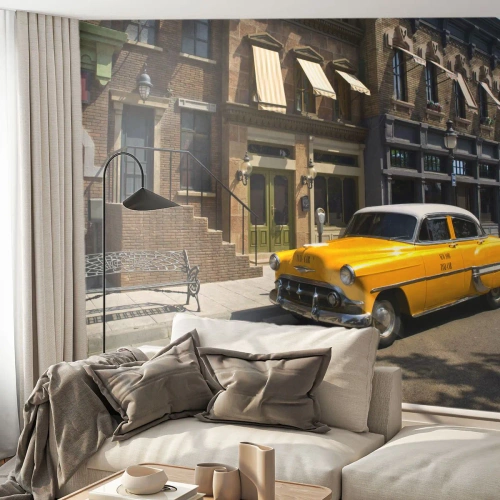 Zelfklevend Fotobehang Deluxe Sticker - Lang geleden in Amerika - Stad, Taxi, New York - 100x70 cm