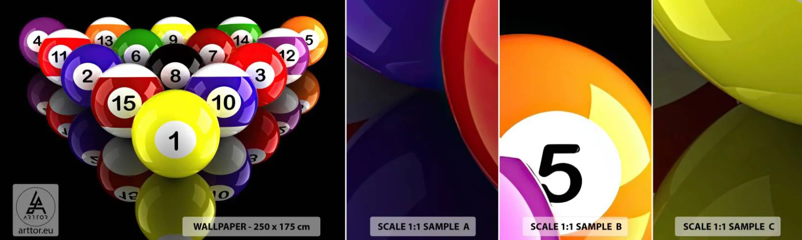 Fotobehang Monster Zelfklevend Deluxe Sticker - Verschillende spelkleuren - Sport, Biljart, Biljartballen - 100x30 cm