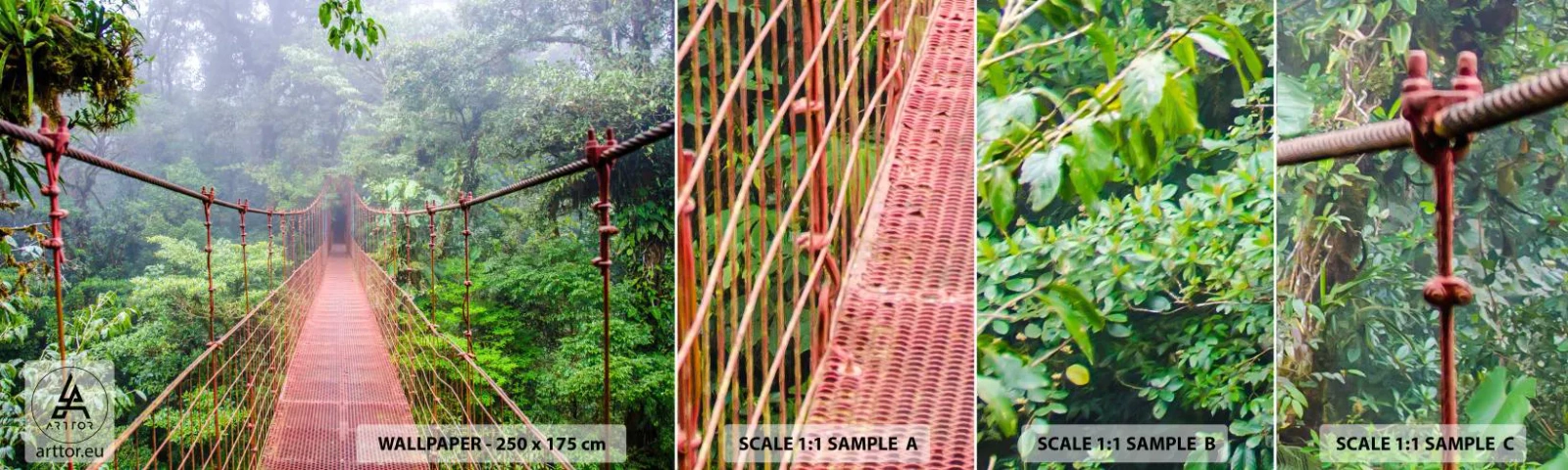 Fotobehang Staaltje Standard Eco - Opgehangen over de kronen - Landschap, Oerwoud, Costa Rica - 100x30 cm