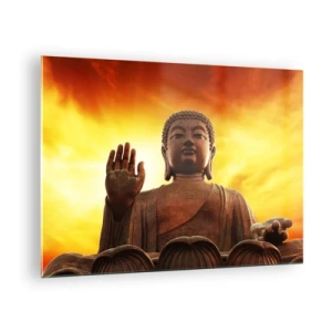 Schilderen op glas - Een Boeddhabeeld tegen de achtergrond van een gouden zonsondergang - 70x50cm - Vrede van de wereld - Moderne wanddecoratie voor woonkamer en slaapkamer ARTTOR