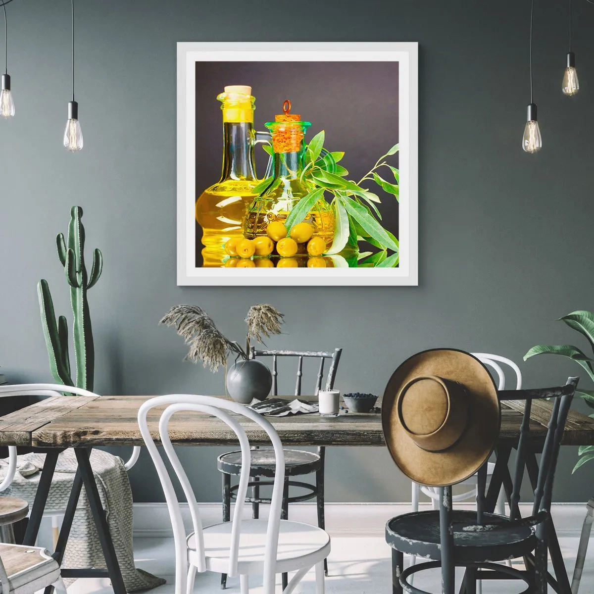 Poster in een witte lijst - Stilleven met olijven en olijfolie - 50x50 cm