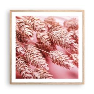 Een poster in een licht eiken lijst - Een bloemencascade in roze - 60x60 cm