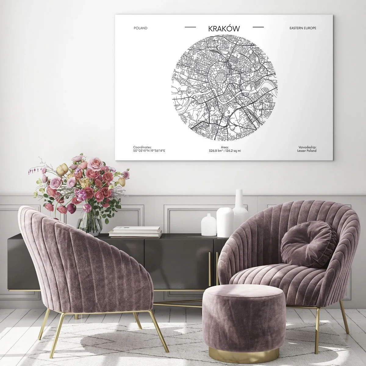 Schilderen op glas - Een kaart van Krakau in een zwart-witillustratiestijl - 70x50cm - Anatomie van Krakau - Moderne wanddecoratie voor woonkamer en slaapkamer ARTTOR