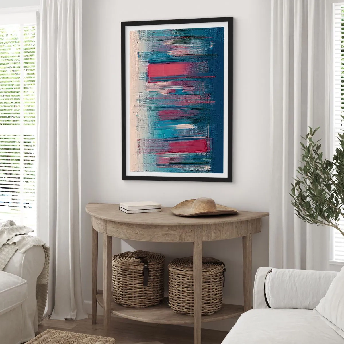Poster in een zwarte lijst - Abstracte compositie in tinten blauw en rood - 50x70cm - Verticale compositie in blauw en rood - Moderne wanddecoratie voor woonkamer en slaapkamer ARTTOR