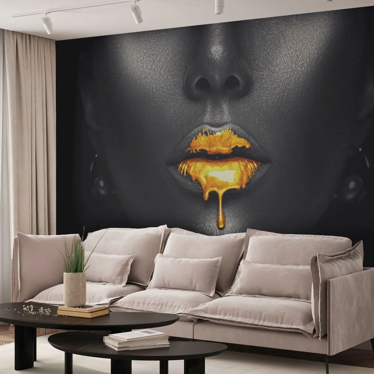 Fotobehang Premium Canvas - Goldmouth - Abstractie, Vrouw mond, Het gezicht van de vrouw - 500x350 cm