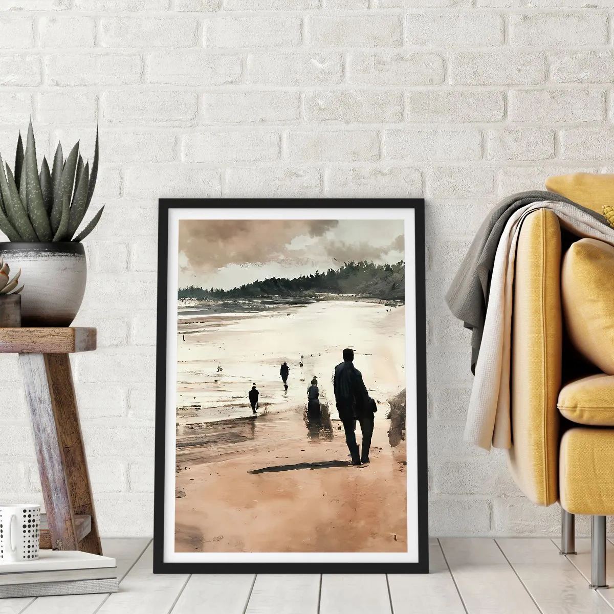 Poster in een zwarte lijst - Een strandwandeling in nostalgische kleuren - 50x70cm - Opgeroepen - Moderne wanddecoratie voor woonkamer en slaapkamer ARTTOR