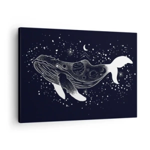 Schilderen op canvas - Een grafische illustratie van een walvis in ruimtetijdperkstijl. - 70x50cm - In de oceaan van het universum - Moderne wanddecoratie voor woonkamer en slaapkamer ARTTOR