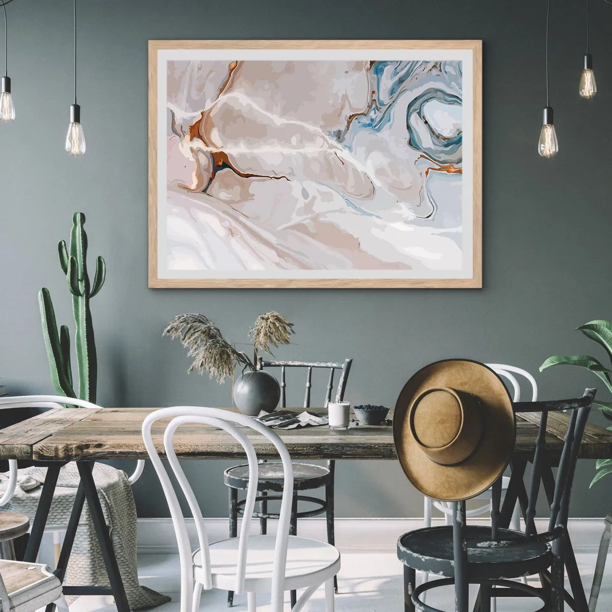 Een poster in een licht eiken lijst - Blauw kronkelt onder het wit - 100x70 cm