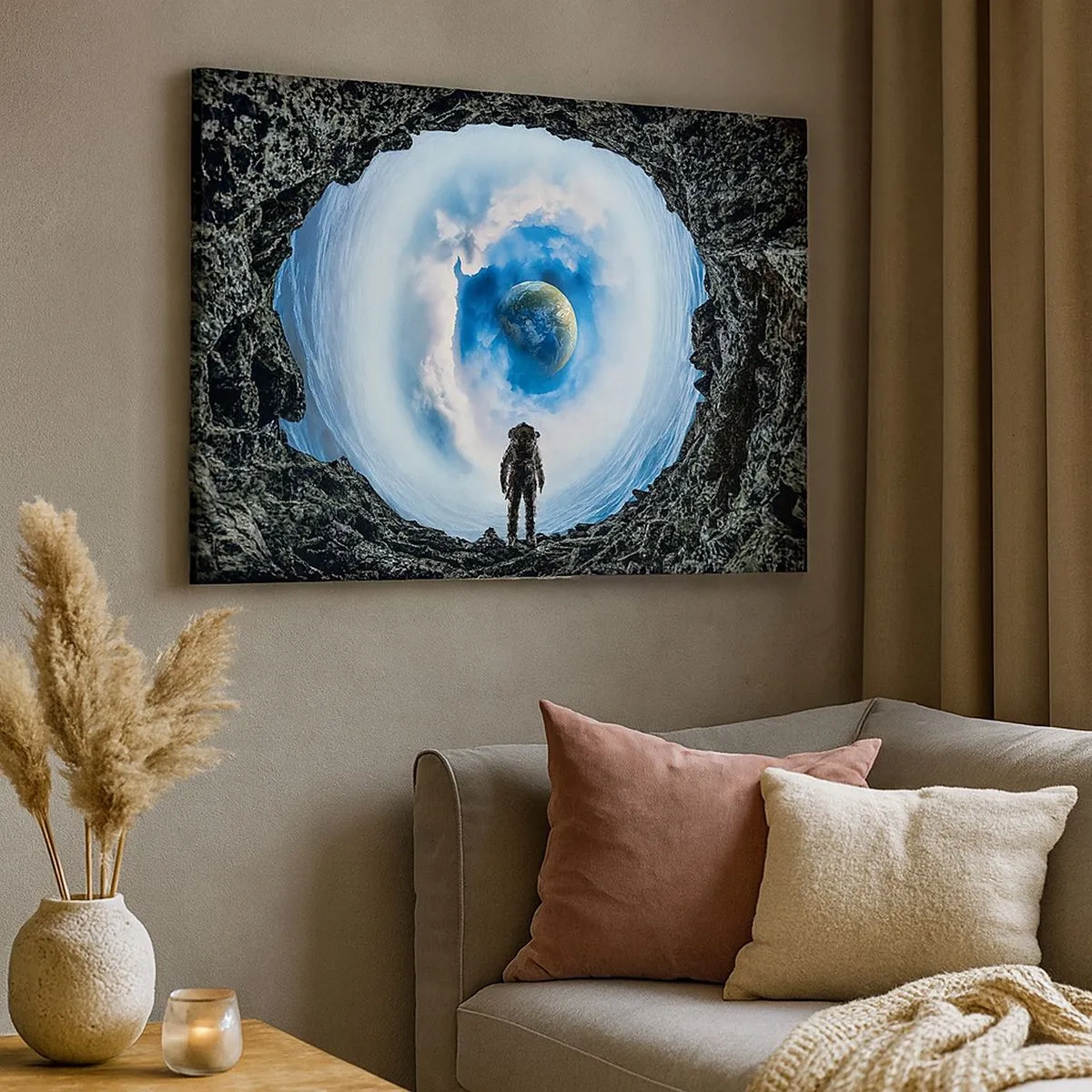 Schilderen op canvas - Astronaut tegen een ruimtelandschap met de aarde op de achtergrond - 70x50cm - Het is niet ver van huis - Moderne wanddecoratie voor woonkamer en slaapkamer ARTTOR