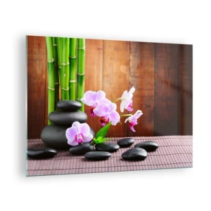 Schilderen op glas - Roze orchideeën, bamboe en zwarte stenen tegen een houten muur - 70x50cm - Maak kennis met de geneugten van het oosten - Moderne wanddecoratie voor woonkamer en slaapkamer ARTTOR