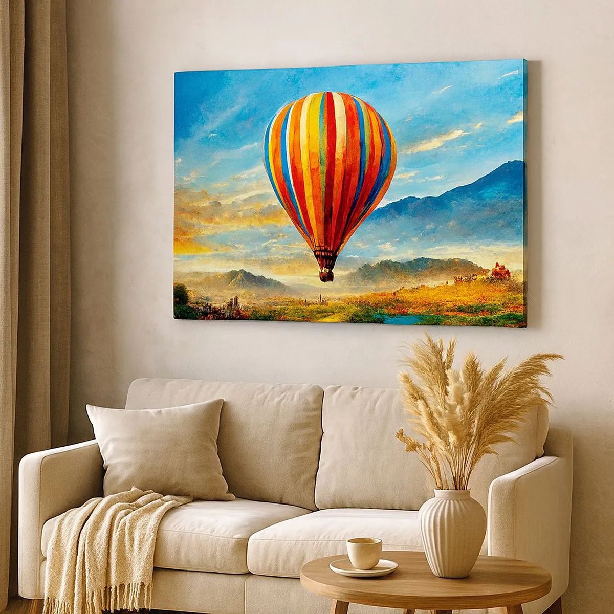 Schilderen op canvas - Een kleurrijke ballon boven een schilderachtig landschap - 70x50cm - In stilte zie je meer - Moderne wanddecoratie voor woonkamer en slaapkamer ARTTOR
