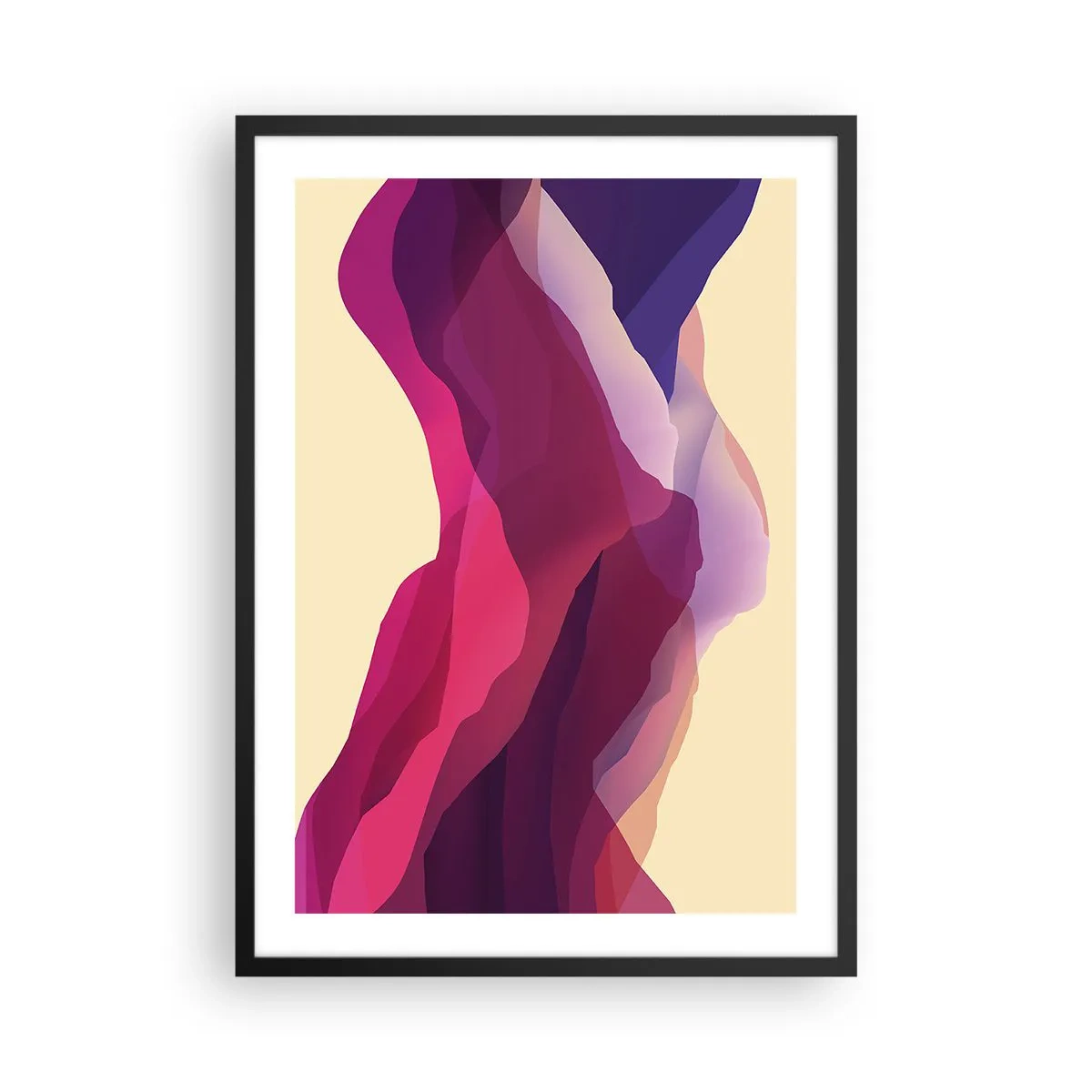Poster in een zwarte lijst - Abstracte golven in tinten paars op een lichte achtergrond - 50x70cm - Paarse golven - Moderne wanddecoratie voor woonkamer en slaapkamer ARTTOR