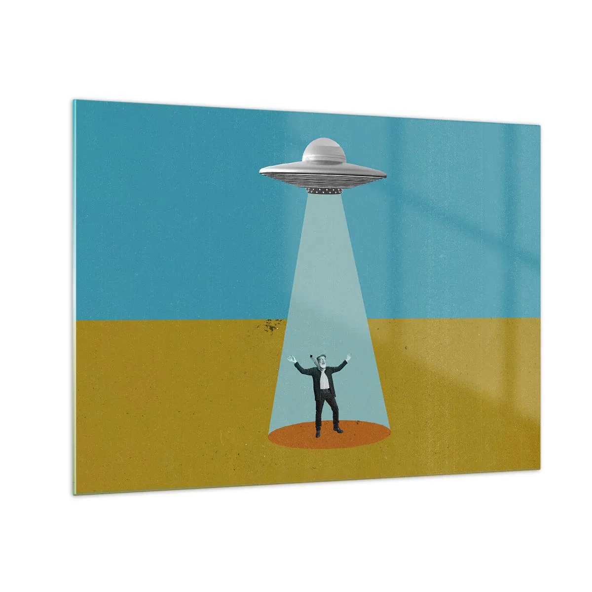 Schilderen op glas - Een man in het licht van een ruimteschotel op een kleurrijke achtergrond - 70x50cm - Een nauwe ontmoeting - Moderne wanddecoratie voor woonkamer en slaapkamer ARTTOR