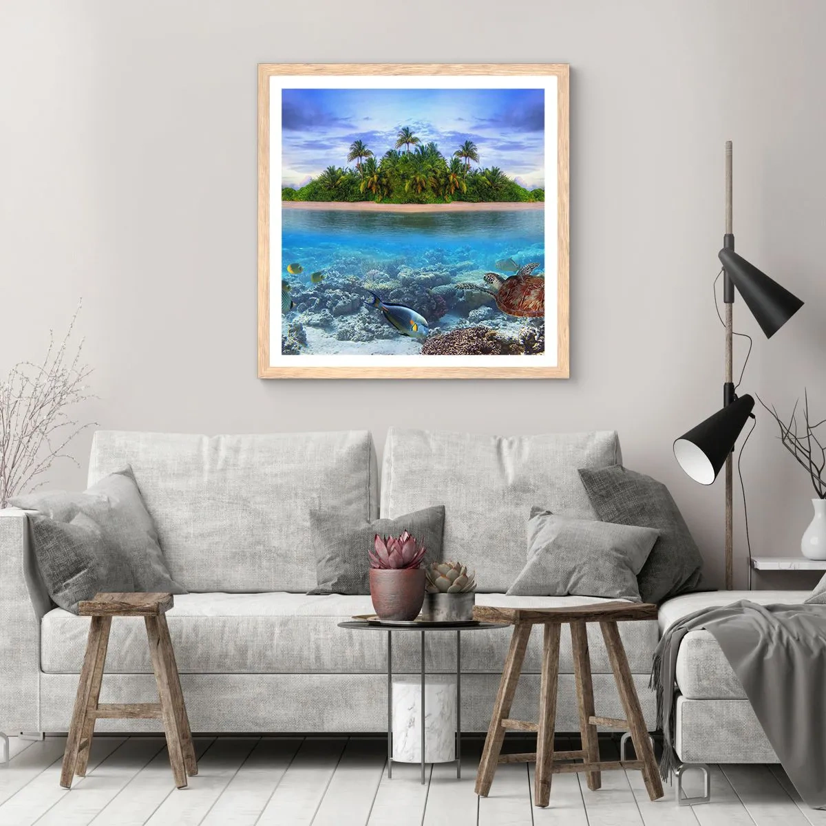 Een poster in een licht eiken lijst - Hemels eiland nodigt je uit - 30x30 cm