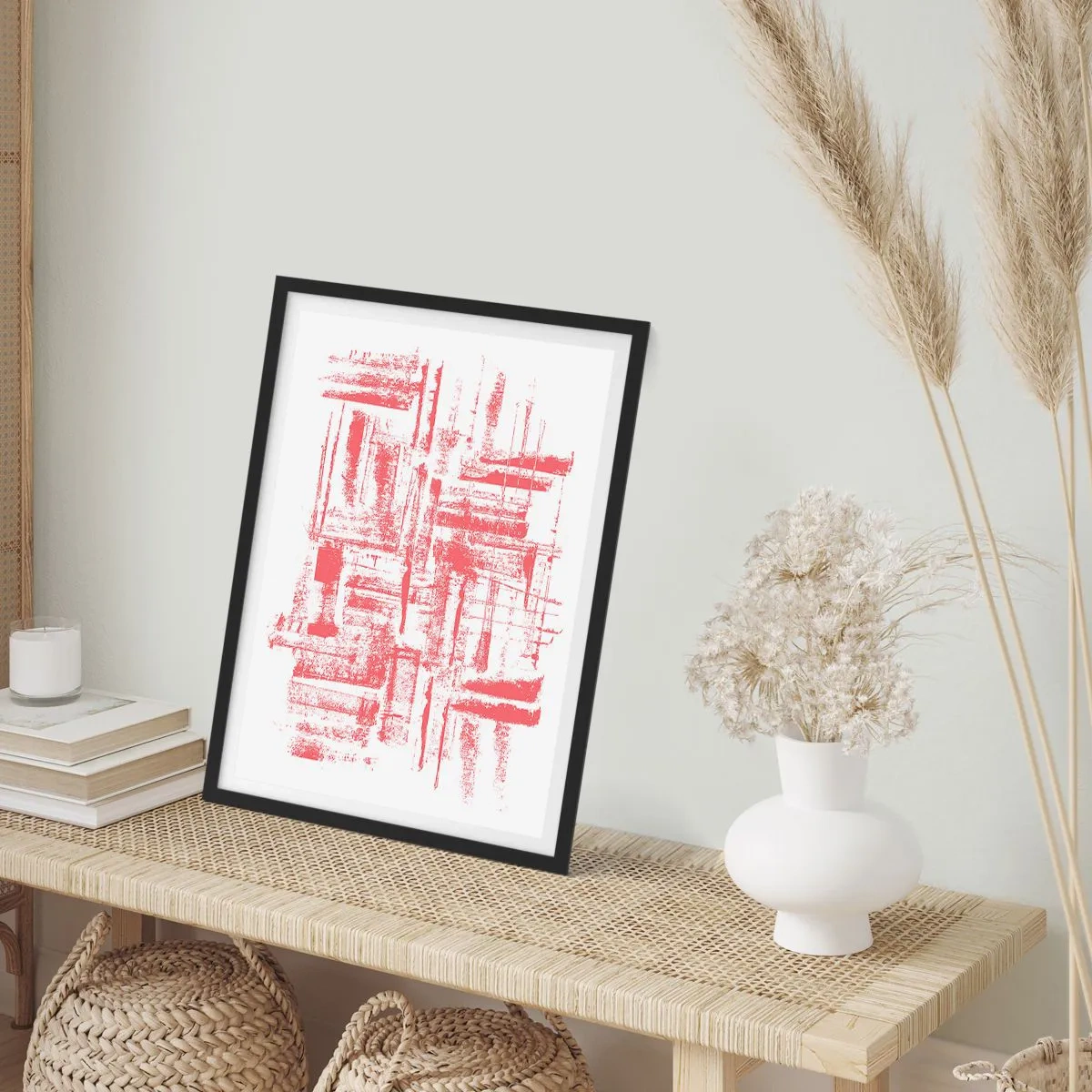 Poster in een zwarte lijst - Rode geometrische lijnen op een witte achtergrond - 50x70cm - De rode stad - Moderne wanddecoratie voor woonkamer en slaapkamer ARTTOR