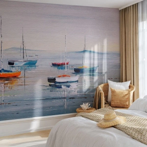 Fotobehang Premium Sand - Een welverdiende rust - Nautisch, Zeilboten, Kust - 150x105 cm