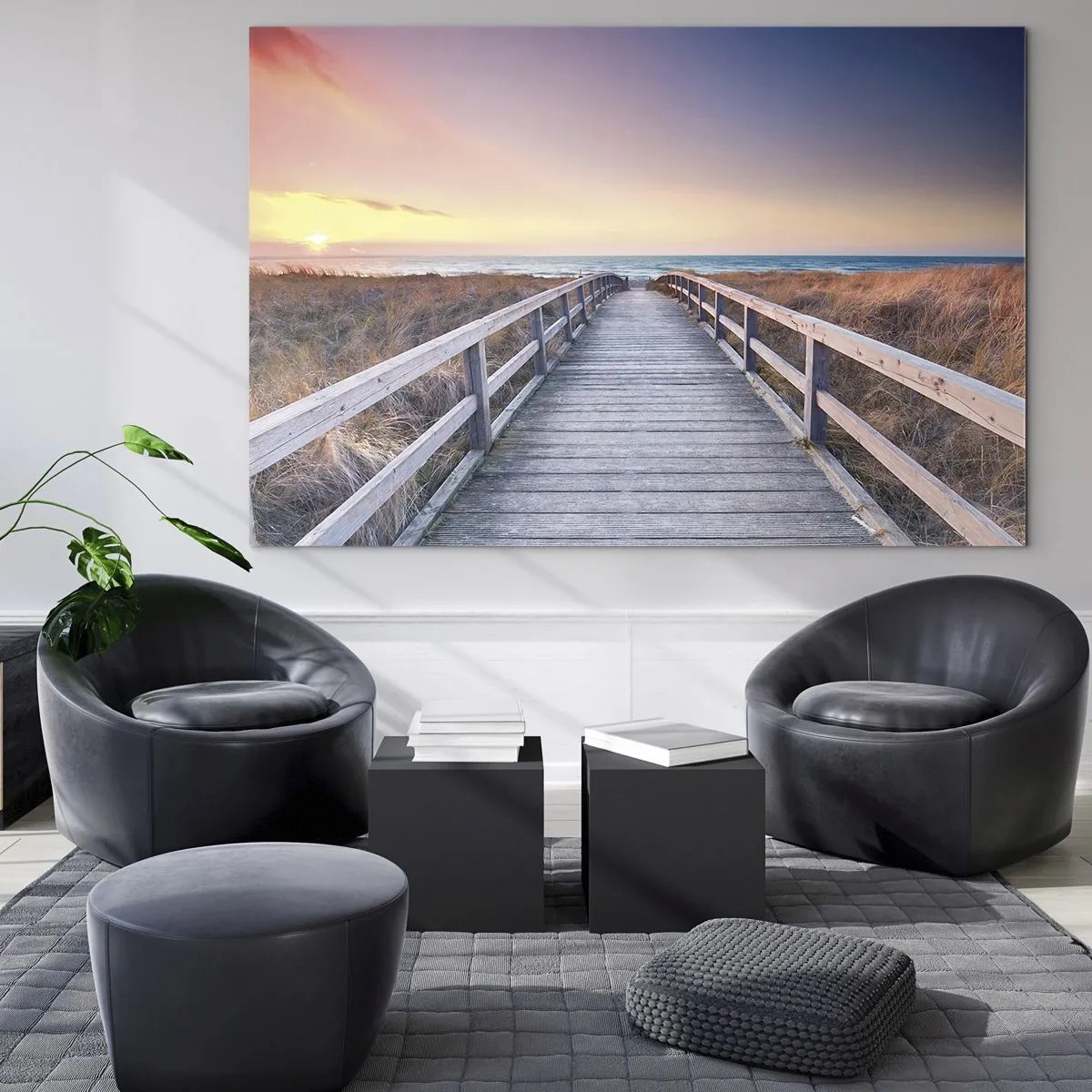Schilderen op glas - Houten steiger die naar het strand leidt bij zonsondergang - 70x50cm - Baltische avond aurora - Moderne wanddecoratie voor woonkamer en slaapkamer ARTTOR