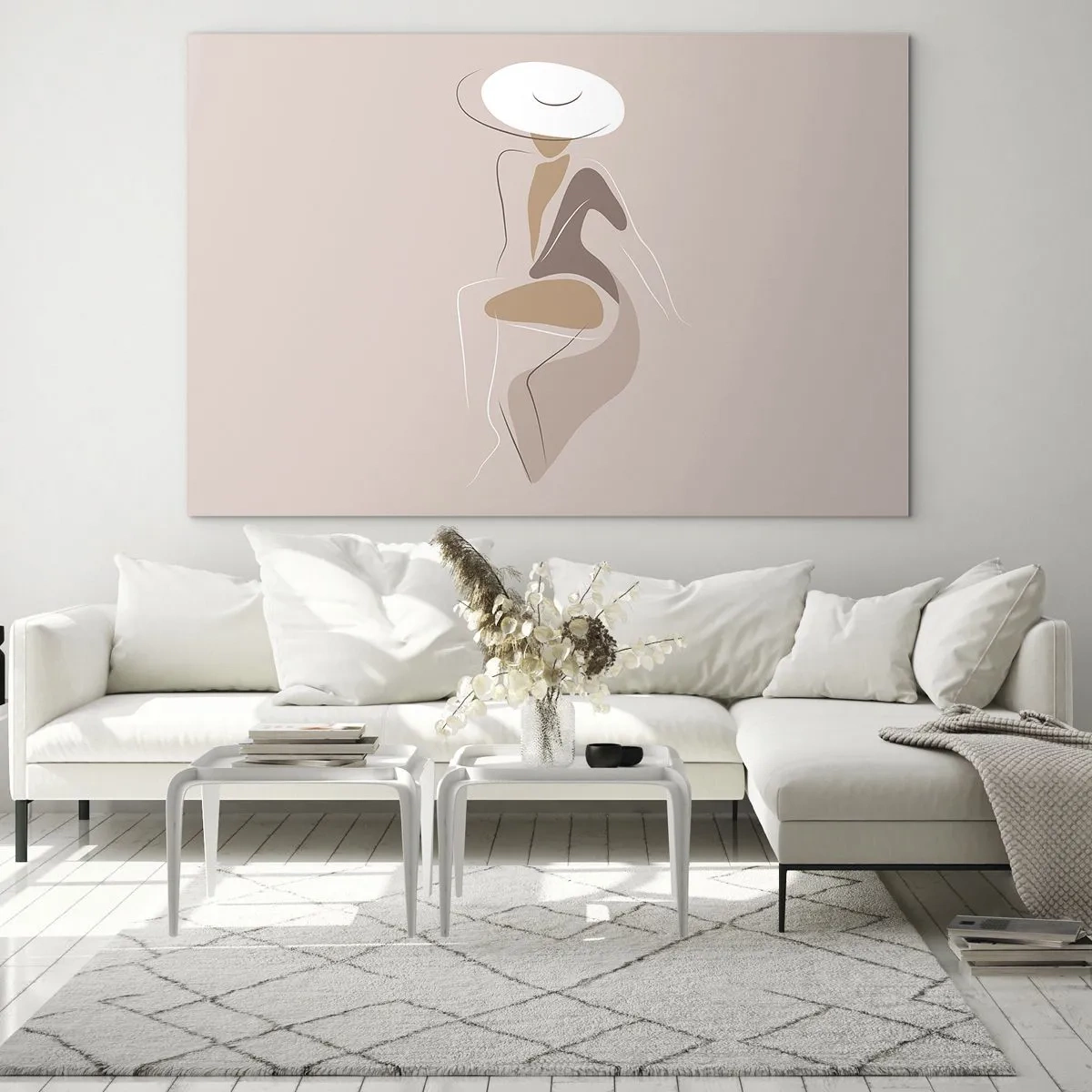 Schilderen op glas - Silhouet van een vrouw met een hoed op een beige achtergrond - 70x50cm - Een dame zijn - Moderne wanddecoratie voor woonkamer en slaapkamer ARTTOR