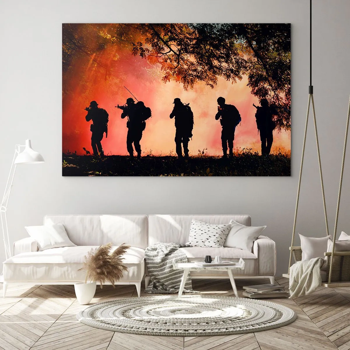 Schilderen op glas - Een groep soldaten marcheert tegen de achtergrond van een brandend bos. - 70x50cm - … Allen voor een. - Moderne wanddecoratie voor woonkamer en slaapkamer ARTTOR
