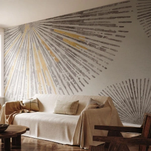 Fotobehang Standard Eco - Stralen in grafische stijl in tinten goud en grijs - 100x70cm - De schoonheid van de straal - Moderne wanddecoratie voor woonkamer en slaapkamer ARTTOR