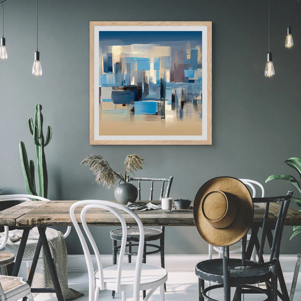 Een poster in een licht eiken lijst - Blauwe constructie - 60x60 cm