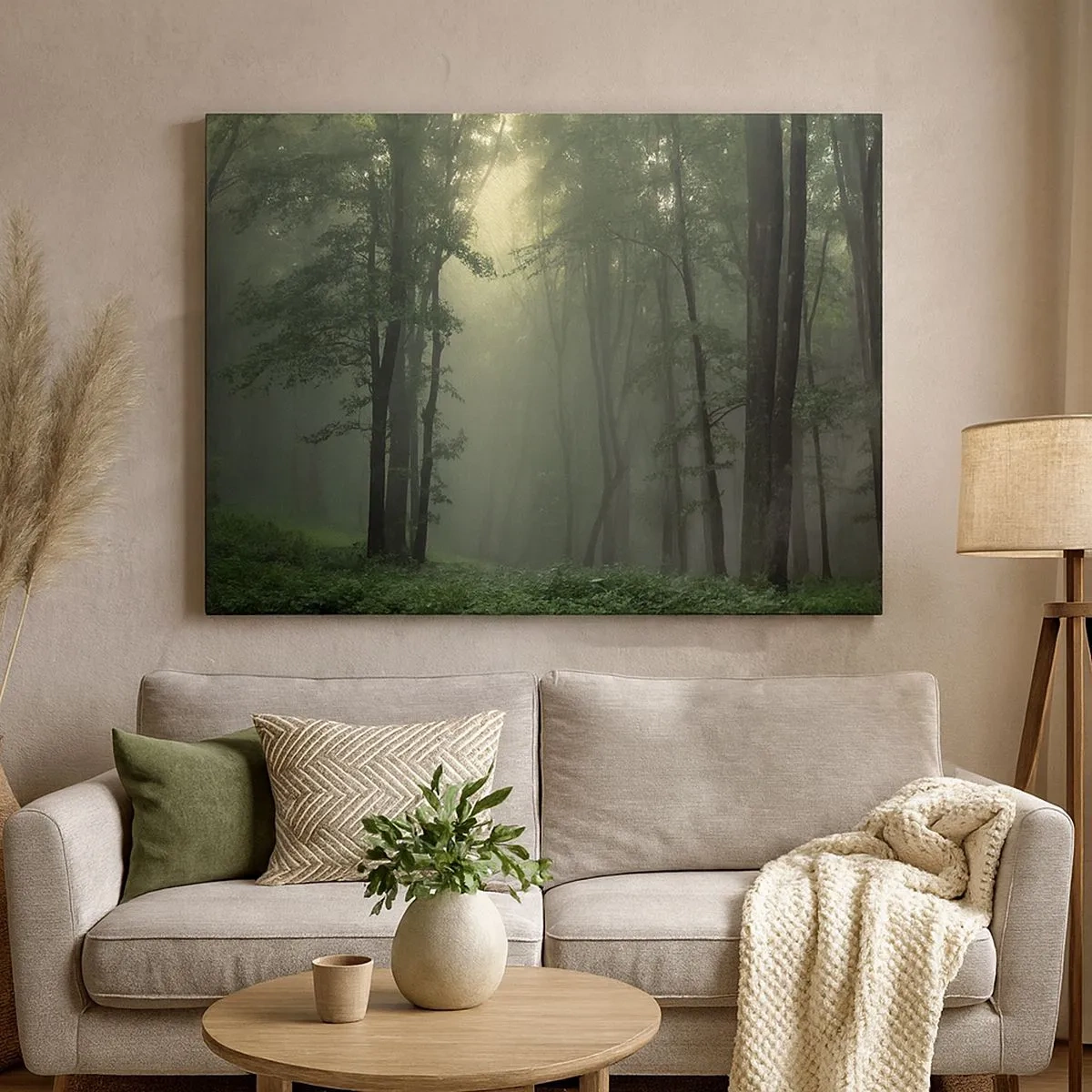 Schilderen op canvas - Een groen bos in de ochtend, gehuld in een delicate mist - 70x50cm - Voordat hij wakker wordt - Moderne wanddecoratie voor woonkamer en slaapkamer ARTTOR
