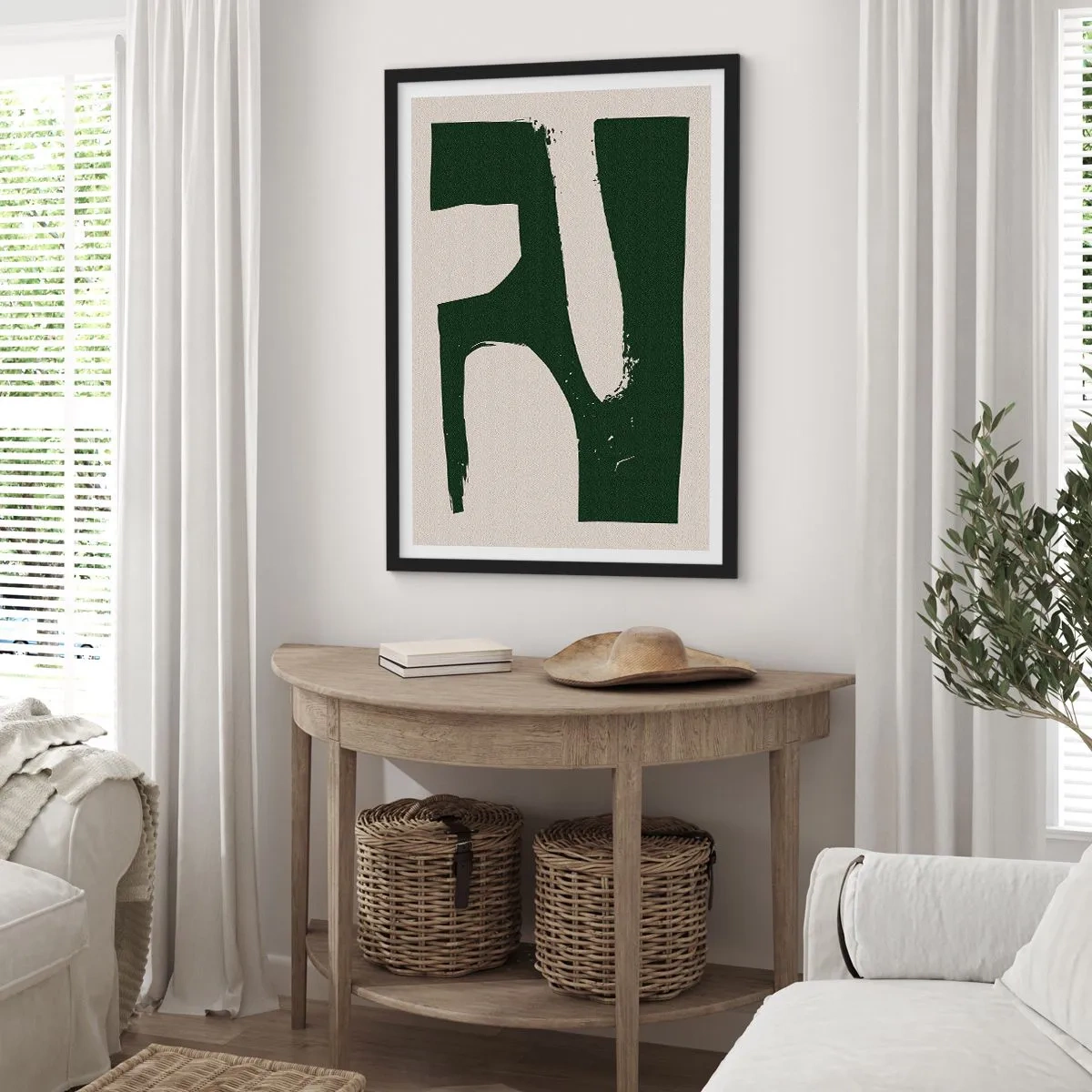 Poster in een zwarte lijst - Minimalistische abstractie in groen en beige - 50x70cm - Baaien van wit - Moderne wanddecoratie voor woonkamer en slaapkamer ARTTOR