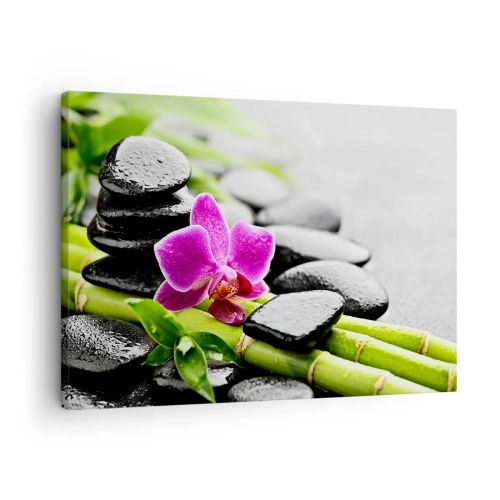Schilderen op canvas - Paarse orchidee, zwarte stenen en bamboe in een rustige compositie - 70x50cm - In een vrede evenwicht - Moderne wanddecoratie voor woonkamer en slaapkamer ARTTOR