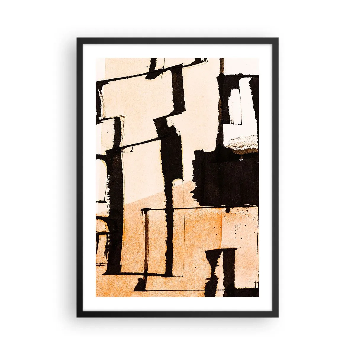 Poster in een zwarte lijst - Een abstracte compositie van geometrische vormen in tinten beige en zwart. - 50x70cm - Bestel echter - Moderne wanddecoratie voor woonkamer en slaapkamer ARTTOR