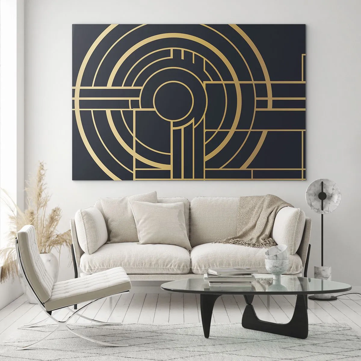 Schilderen op glas - Goud en zwart geometrische abstractie in de Art Deco-stijl - 70x50cm - Draaien van dingen - Moderne wanddecoratie voor woonkamer en slaapkamer ARTTOR