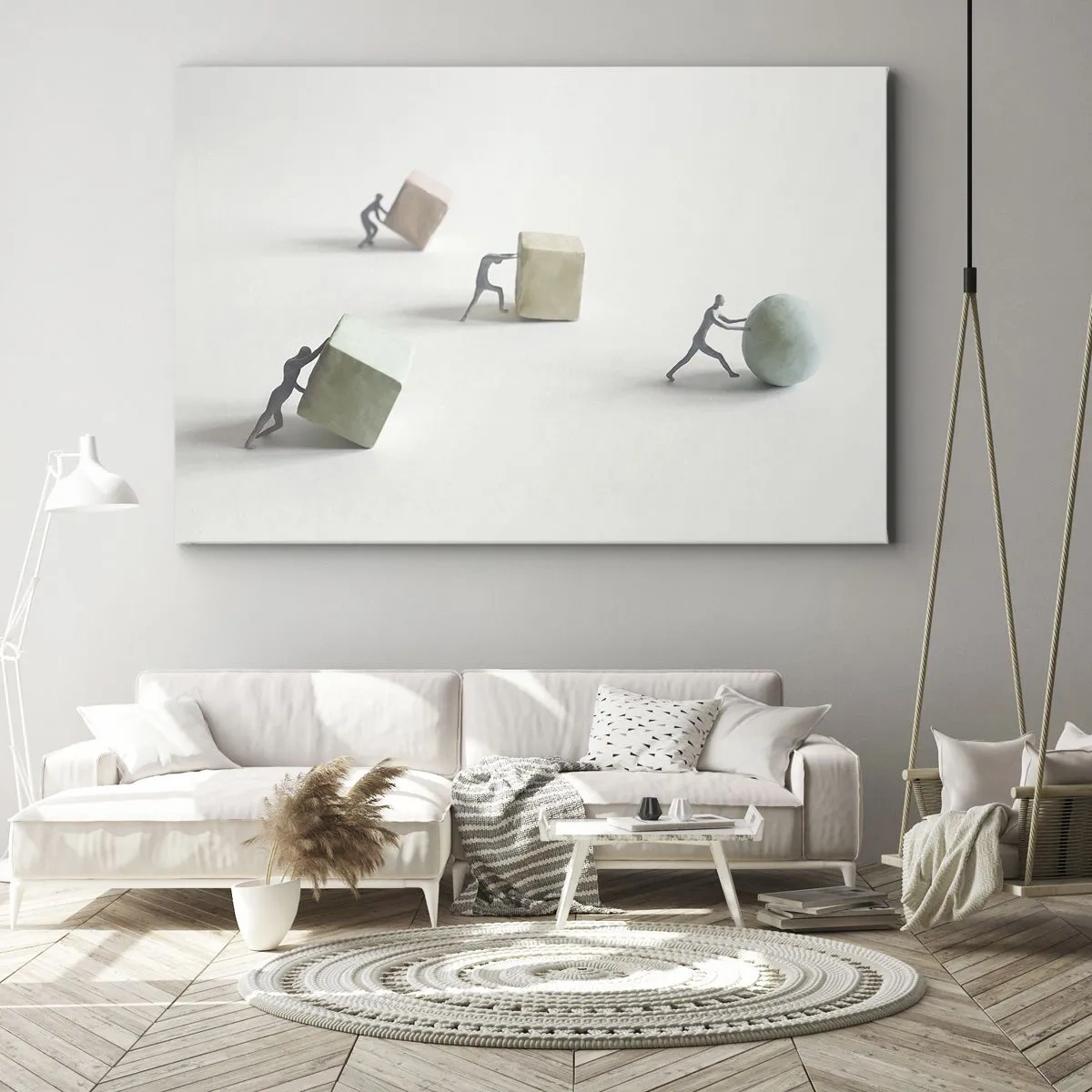 Schilderen op canvas - Miniatuurfiguren duwen vormen tegen een lichte achtergrond - 70x50cm - Puur leven - Moderne wanddecoratie voor woonkamer en slaapkamer ARTTOR