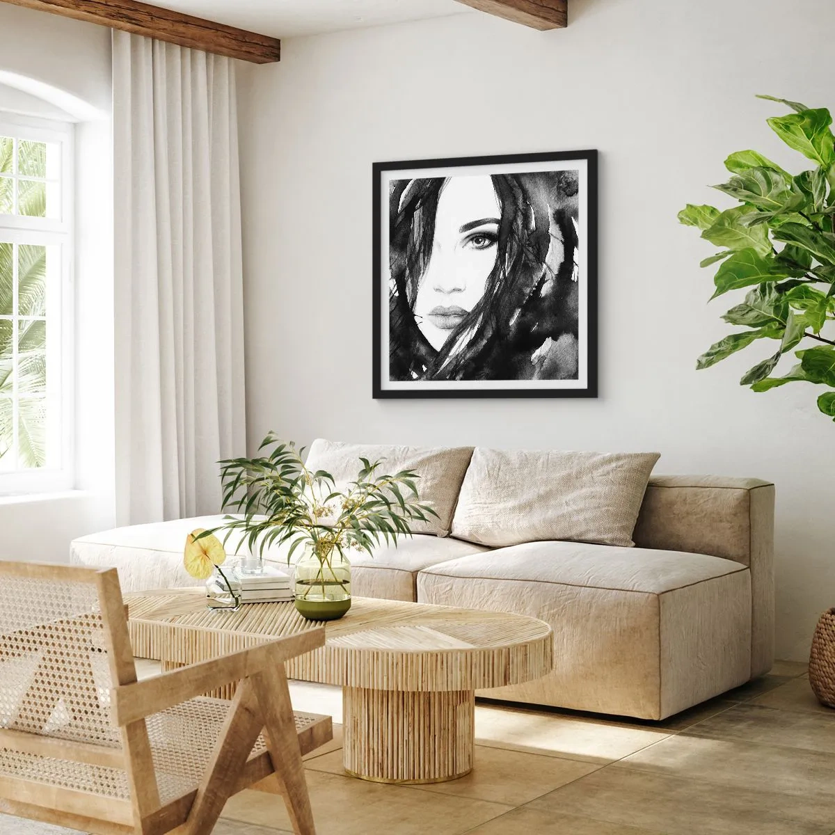 Poster in een zwarte lijst - Portret van een dame in zwart en wit - 30x30 cm