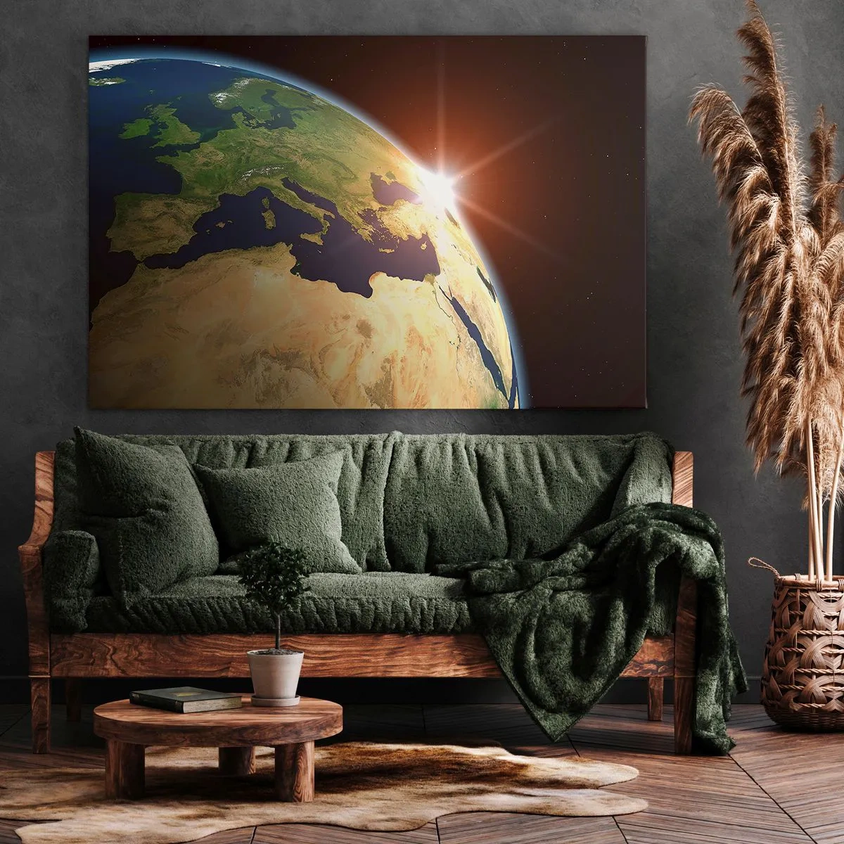 Schilderen op canvas - Uitzicht op de aarde vanuit de ruimte met zonnestralen aan de horizon - 70x50cm - Zonsopgang - Moderne wanddecoratie voor woonkamer en slaapkamer ARTTOR