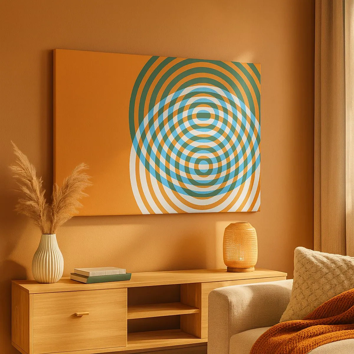 Schilderen op canvas - Concentrische cirkels op een oranje achtergrond - 70x50cm - Abstracte circulaire variatie - Moderne wanddecoratie voor woonkamer en slaapkamer ARTTOR