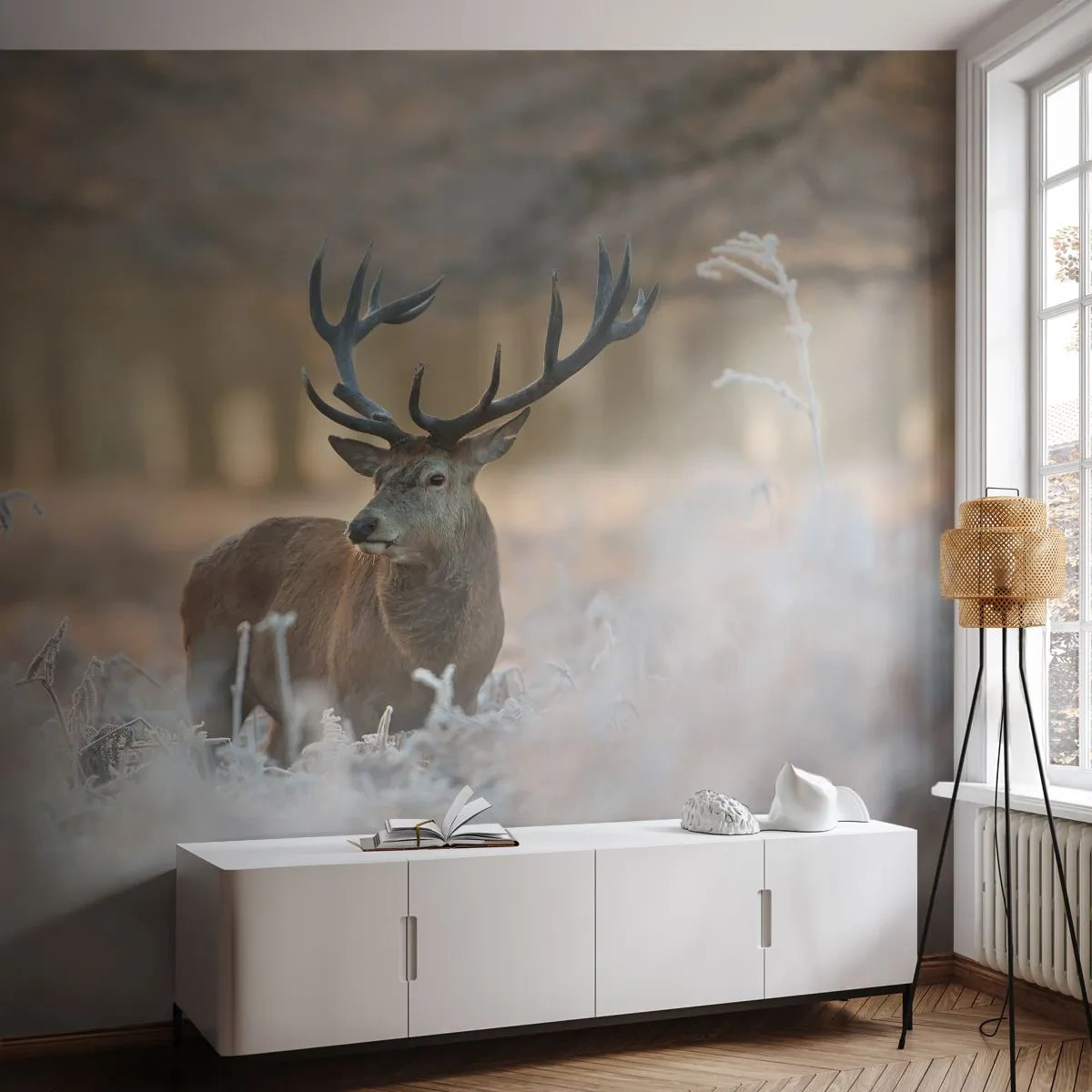 Fotobehang Standard Eco - Een frisse ochtend - Landschap, Hert, Dieren - 400x280 cm