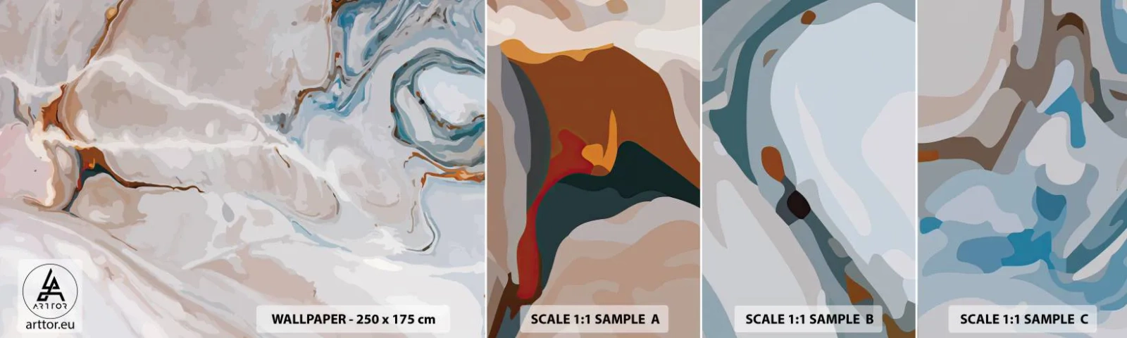 Fotobehang Monster Zelfklevend Deluxe Sticker - Blauw kronkelt onder het wit - Abstractie, Deel, Modern patroon - 100x30 cm