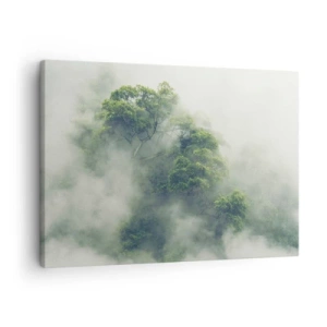 Schilderen op canvas - Groene bomen in dikke mist tegen een natuurlijke achtergrond - 70x50cm - In mist gehuld - Moderne wanddecoratie voor woonkamer en slaapkamer ARTTOR