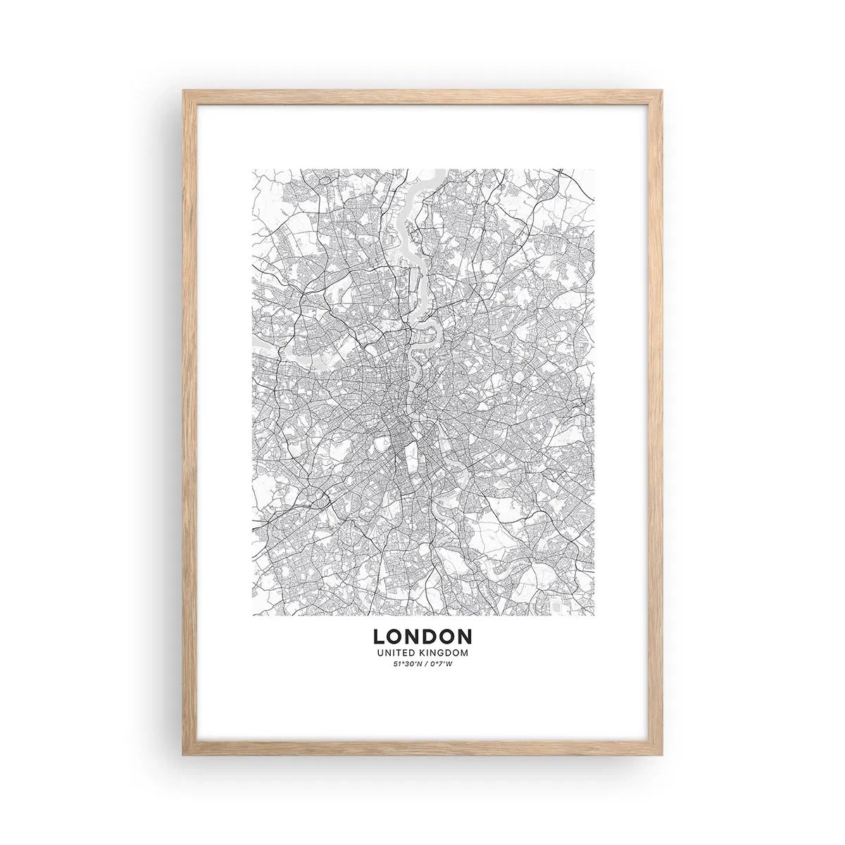 Een poster in een licht eiken lijst - Kaart van het doolhof van Londen - 50x70 cm