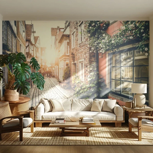 Fotobehang Premium Canvas - Rozensteeg in roze gloed - Stad, Nederland, Architectuur - 500x350 cm
