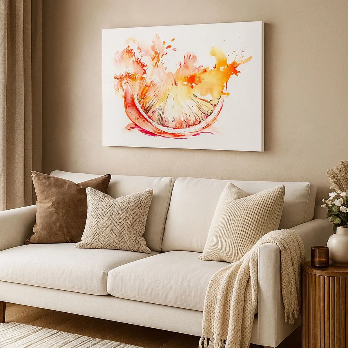 Schilderen op canvas - Een aquarelplak van grapefruit in levendige kleuren - 70x50cm - Sappige verfrissing - Moderne wanddecoratie voor woonkamer en slaapkamer ARTTOR