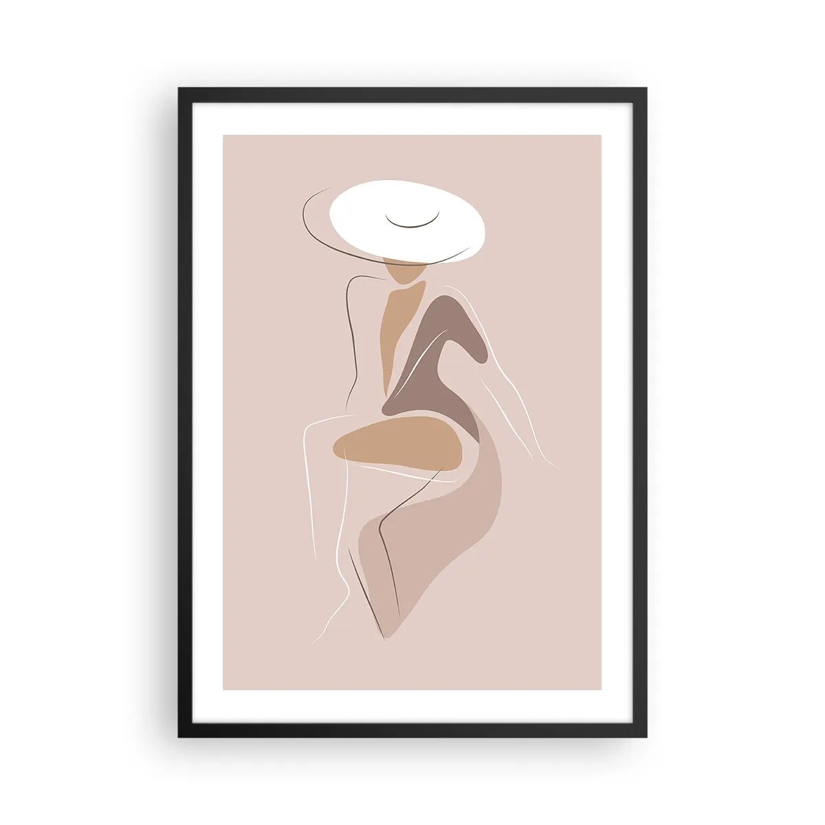 Poster in een zwarte lijst - Minimalistisch beeld van een vrouw met een hoed op een beige achtergrond. - 50x70cm - Een dame zijn - Moderne wanddecoratie voor woonkamer en slaapkamer ARTTOR