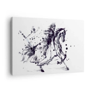 Schilderen op canvas - Zwart-wit aquarel van een ruiter op een galopperend paard - 70x50cm - Zwarte ridder - Moderne wanddecoratie voor woonkamer en slaapkamer ARTTOR