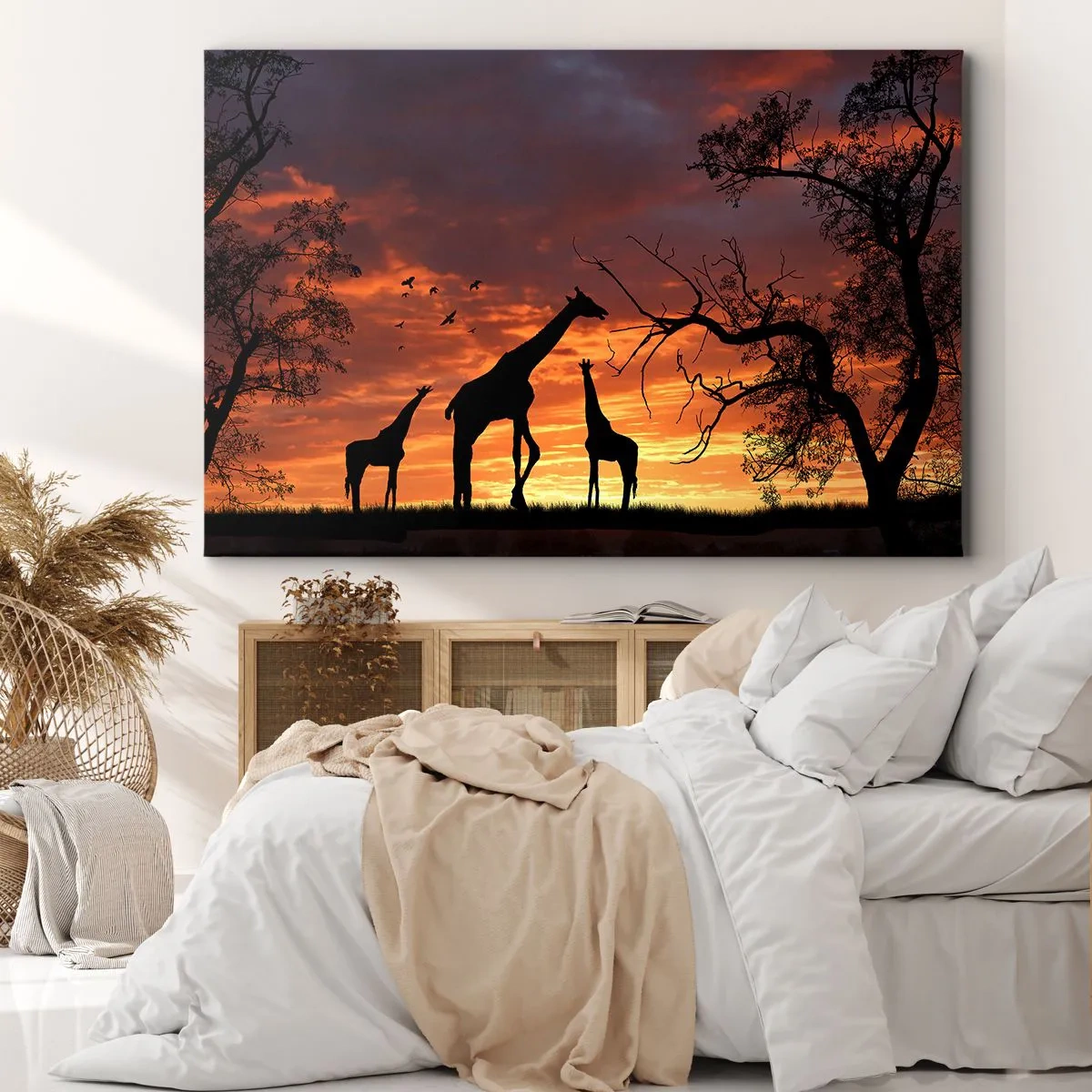 Schilderen op canvas - Silhouetten van giraffen tegen de achtergrond van de Afrikaanse zonsondergang - 70x50cm - Een klein diner met je geliefden - Moderne wanddecoratie voor woonkamer en slaapkamer ARTTOR