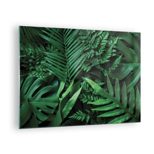 Schilderen op glas - Dichte groene bladeren van tropische planten in de compositie - 70x50cm - Ineengedoken in het groen - Moderne wanddecoratie voor woonkamer en slaapkamer ARTTOR