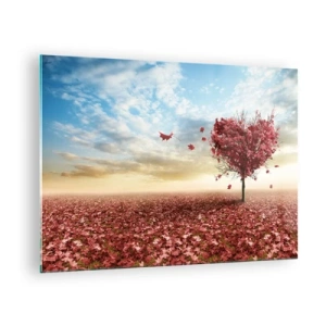Schilderen op glas - Een hartvormige boom tegen een veld met rode bladeren - 70x50cm - Word ook verliefd - Moderne wanddecoratie voor woonkamer en slaapkamer ARTTOR